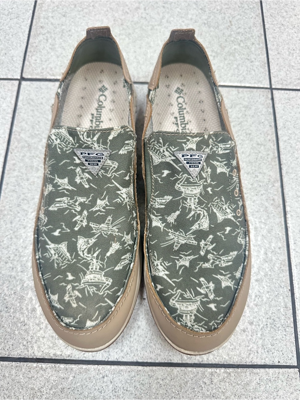 Columbia Fishing Olive Green Printed Slip-On Loafers with Tan Trim